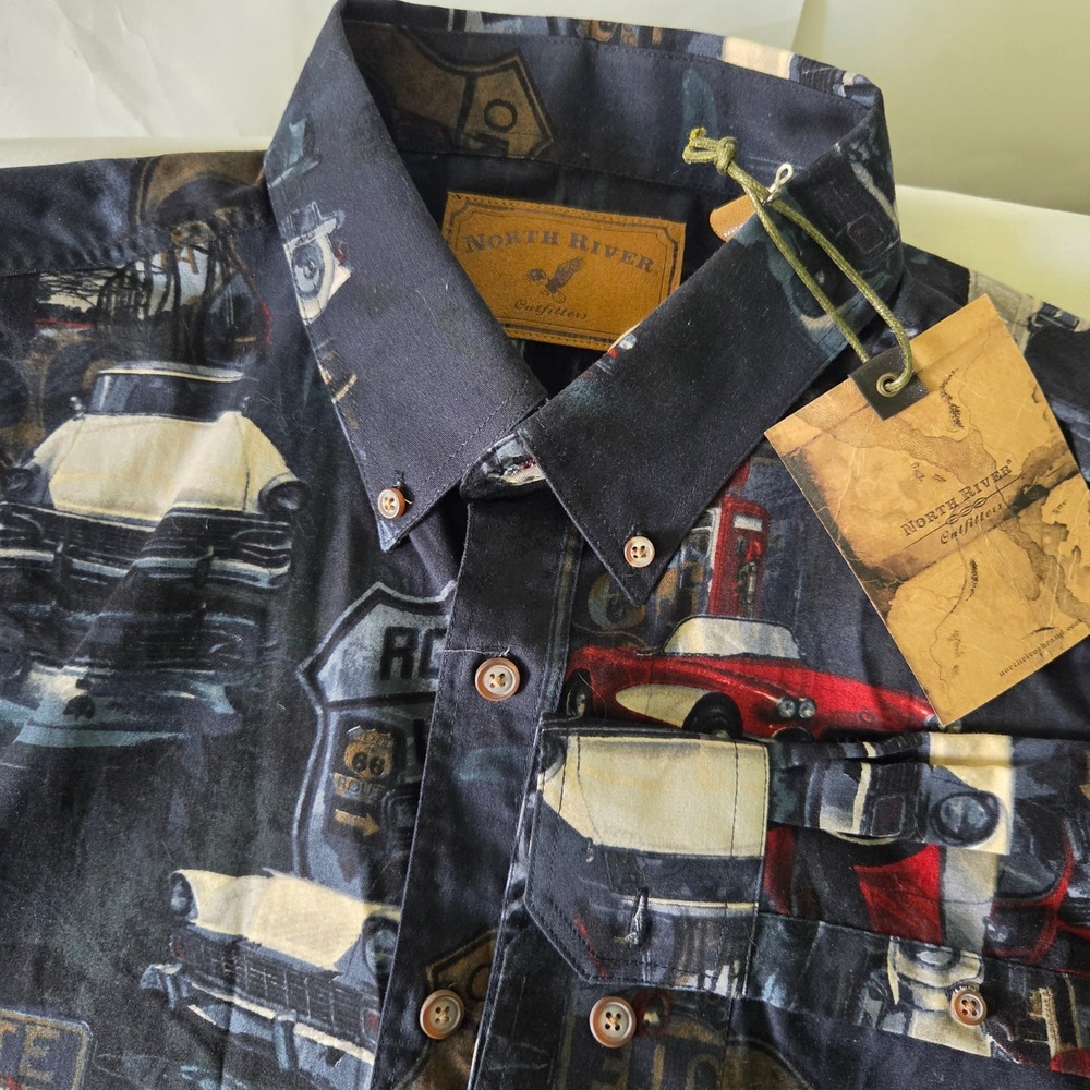 North River Outfitters Mens Route 66 Vintage Car Print Button‎ Down Shirt Large